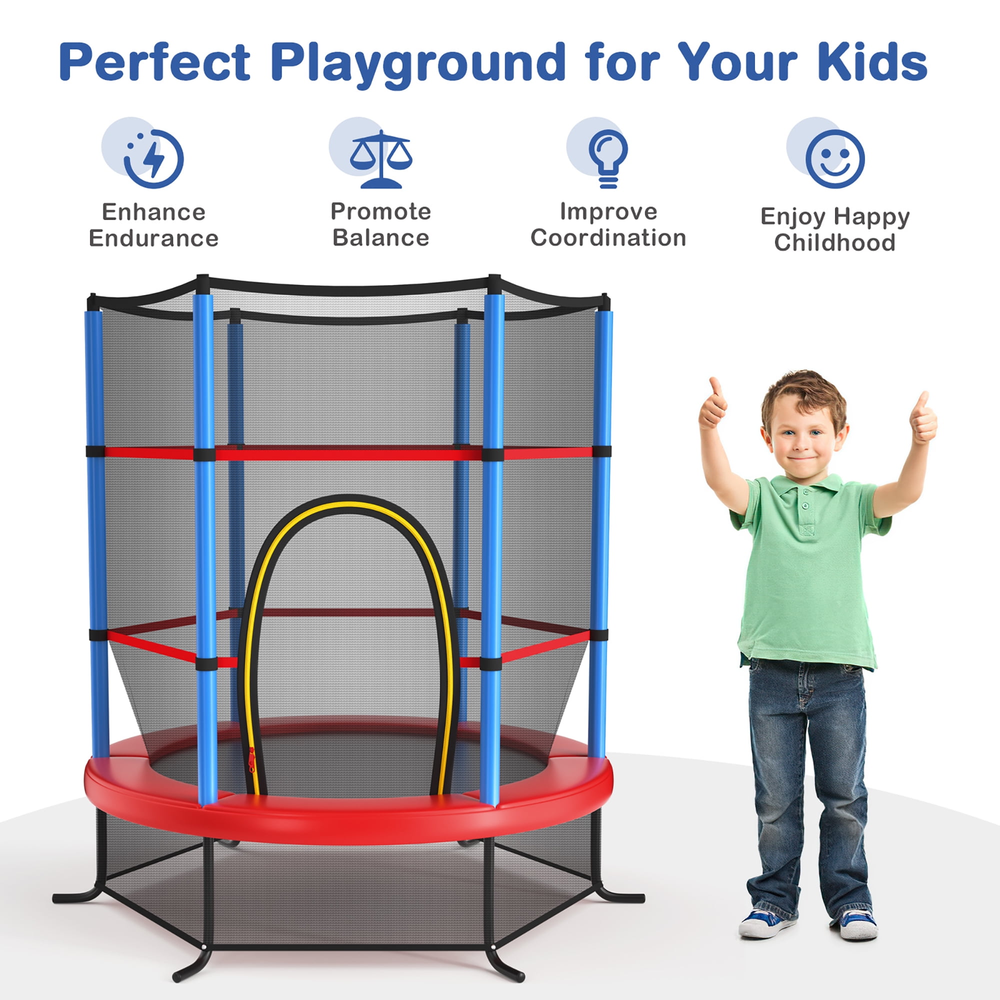 Trampoline for Children Jumping Training Indoor Outdoor Activities 4 5 6 years old LBLA 55” Kids Trampoline with Safety Enclosure Net and Frame Cover 