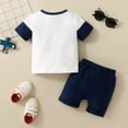 thumbnail image 4 of GYRATEDREAM Toddler Baby Boys Summer Outfits Stripe Patchwork Short Sleeve T-shirt Top + Solid Color Elastic Waistband Drawstring Shorts with Pockets 2 Piece Sets Infant for 0 Month-3 Years, 4 of 8