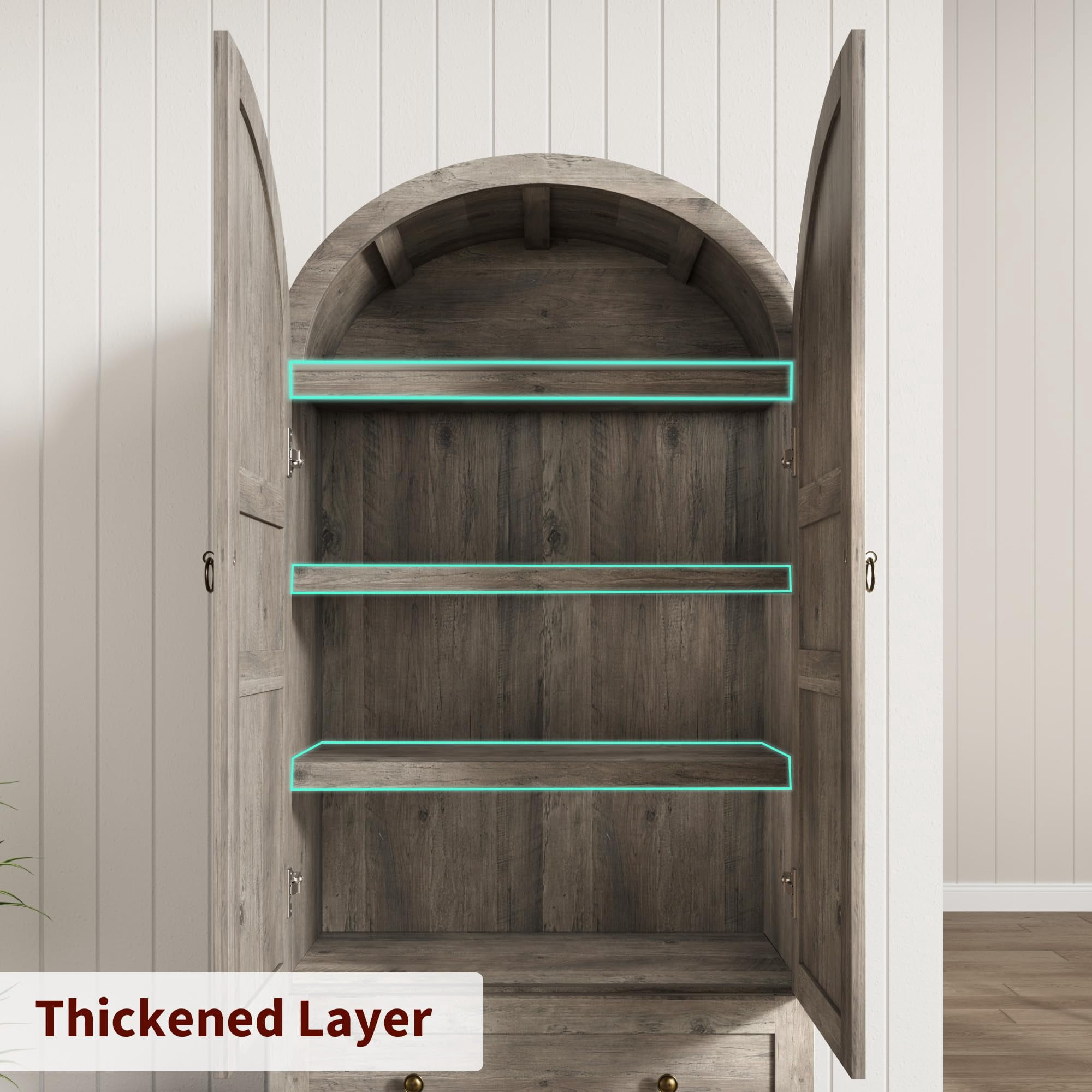 COZONY 72" Tall Arched Kitchen Pantry Cabinet, Farmhouse Wooden Storage with 2 Drawers & Wood Doors, Freestanding Buffet for Dining & Living Room,Gray