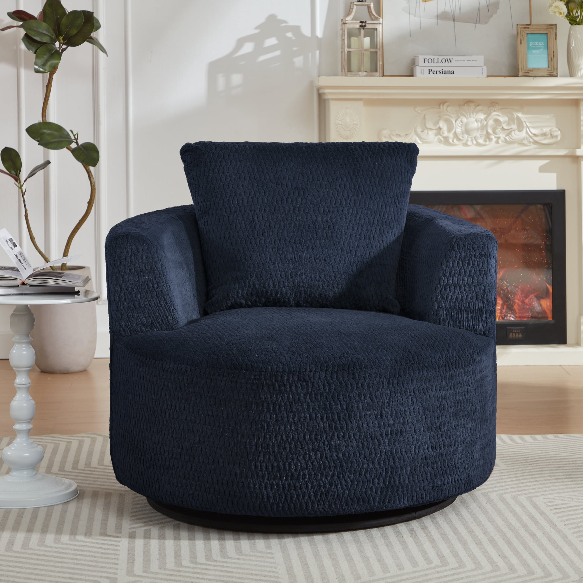Swivel Accent Chair,360° Barrel Accent Chair,Modern Faux Fur Armchair for Living Room,Office,Apartment,Dark Blue