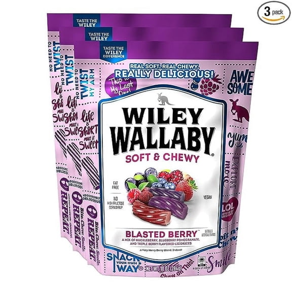 Wiley Wallaby Licorice 10 Ounce Classic Gourmet Soft & Chewy Australian Blasted Berry Licorice Candy Twists, 3 Pack