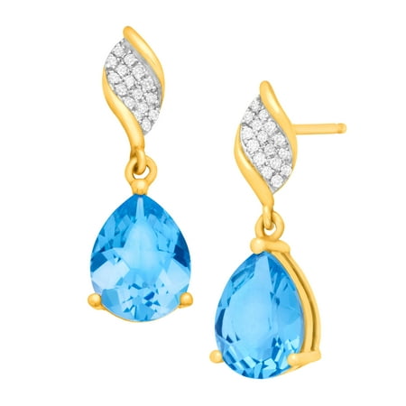 4 1/2 ct Pear-Cut Natural Swiss Blue Topaz Drop Earrings with Diamonds in 10kt Yellow Gold