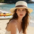 thumbnail image 4 of Fewfanhot Women Wide Brim Straw Boater Hat UPF Sun Protection Foldable Beach Fedora with Rhinestone Buckle Ribbon, 4 of 7