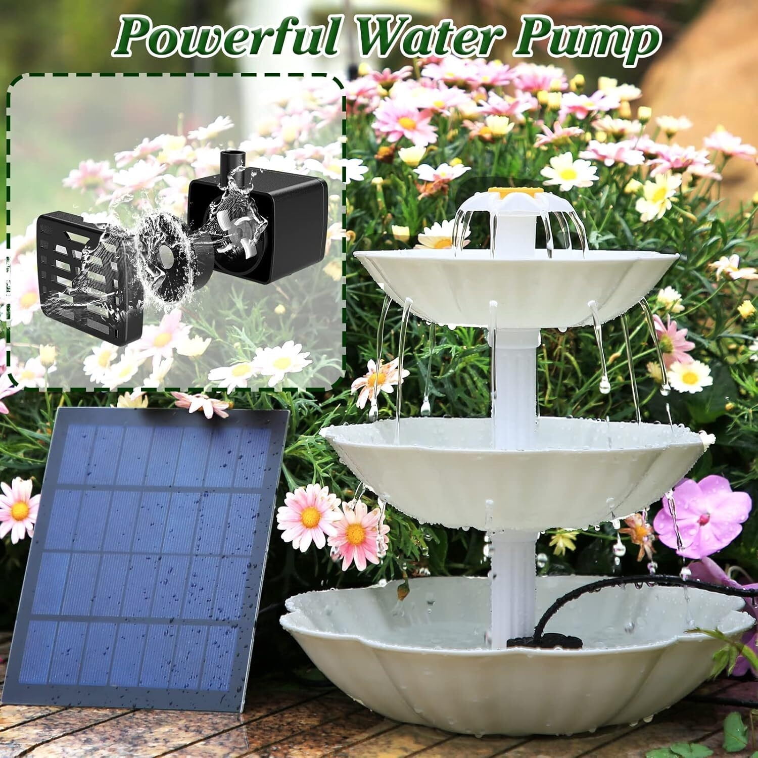 3 Tiered Bird Bath with 3.5W Solar Pump, DIY Solar Fountain Outdoor Bird Feeder