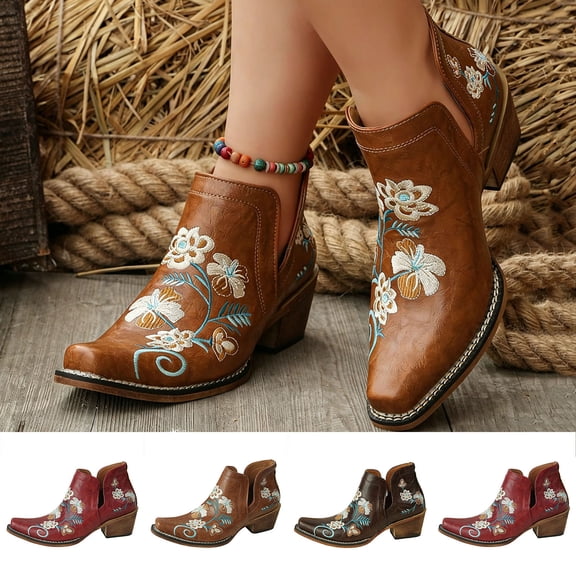 Crunowin Women's Ankle Boots, Embroidered Fall Chunky Mid Heel Casual Shoes Coffee 6.5