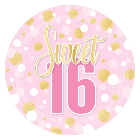Pink and Gold Sweet 16 Plates, 9", Pack of 32