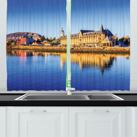 America Kitchen Curtains, Nature and Modern City Together Touristic Travel Destinations Art, Two Panels Drapes with Rod Pocket Room Decor, 55" X 45", Azure Blue Pastel Brown, by Ambesonne