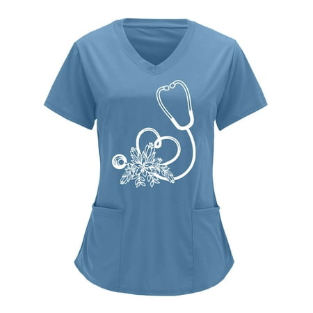 

TAIAOJING Women Scrubs Top V Neck Solid Color Overalls Partial Positioning Printing Solid Color Short Sleeve Top Overalls Top