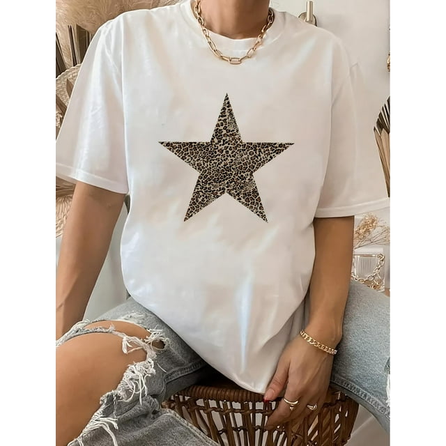 Camisetas de manga corta para mujer, cuello redondo, estampado floral, ajuste holgado, para verano, otoño 2025Deer Chive Targeted One Round Neck Short Sleeve T-shirt Round Neck Retro Casual Printed
