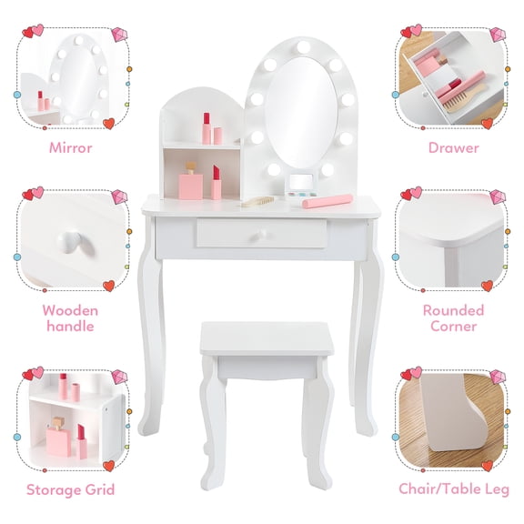 COZONY White Princess Makeup Vanity Set w/ Lights & Mirror, Wooden Dresser Table w/ Stool & Pretend Play Accessories