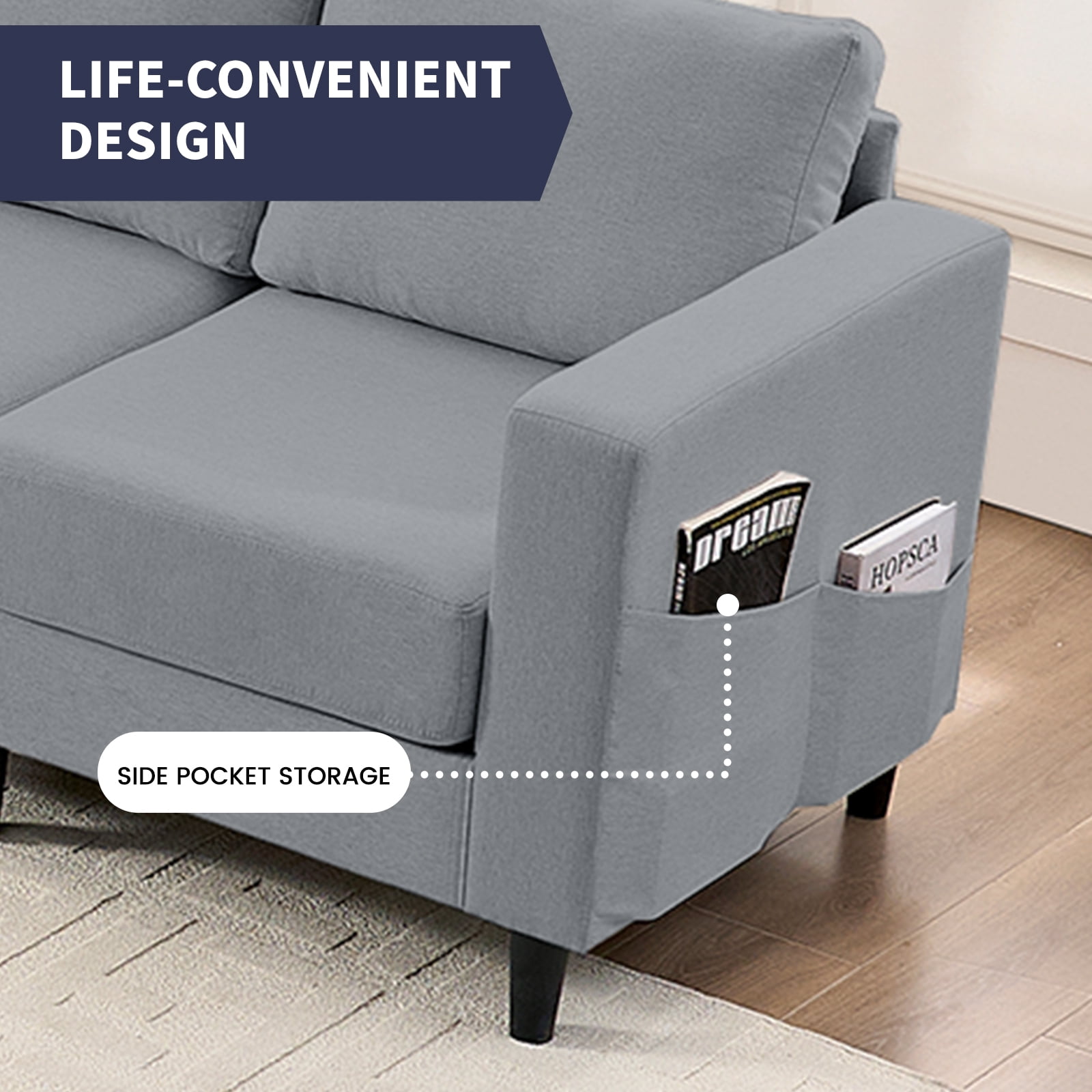 ZAFLY L-Shaped Couch, Sectional Corner Couches and Sofas with Linen Fabric for Living Room -  Light Grey