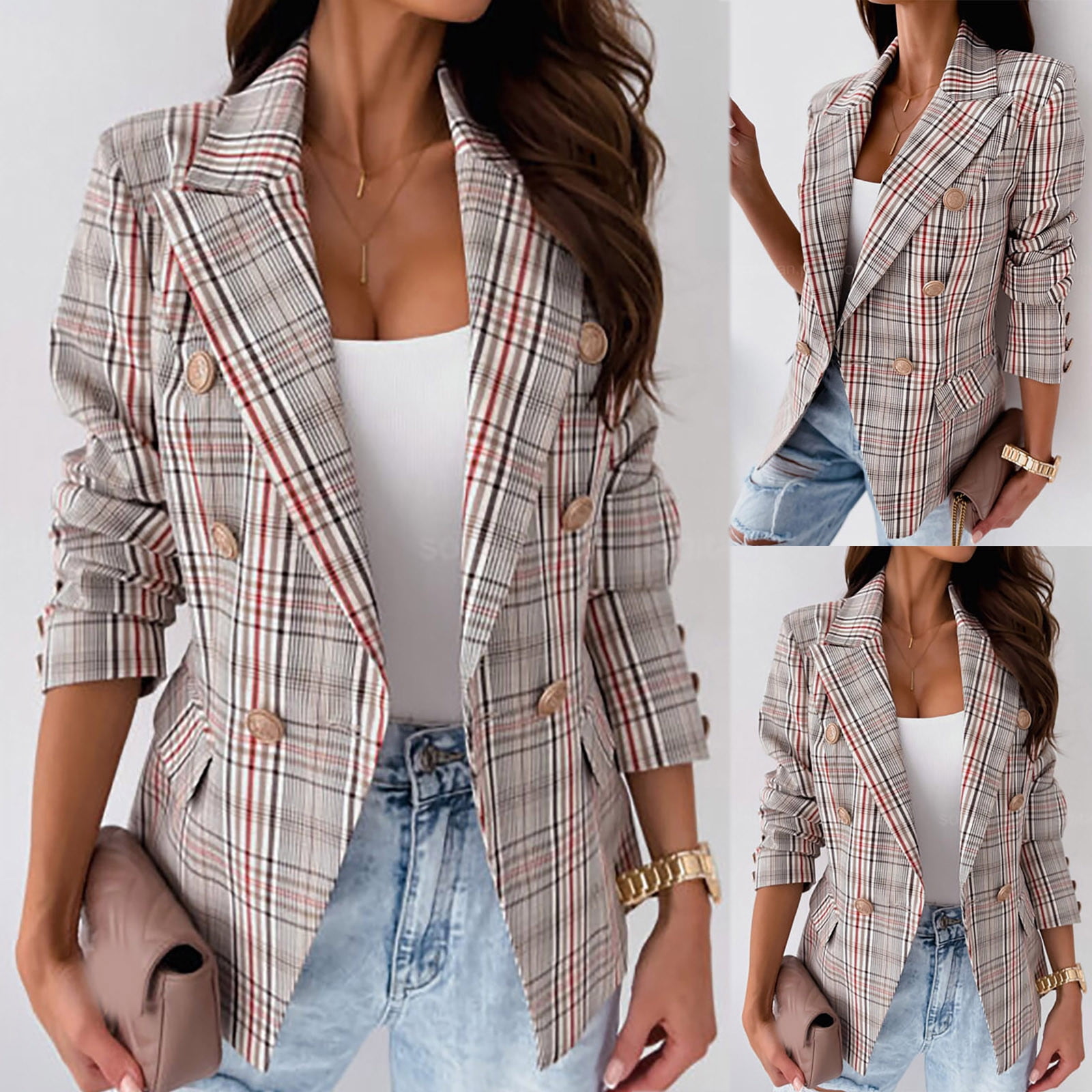 YMING Women's jacket with lapel collar, blazer office business cardigan, no buttons, elegant, Dark Green