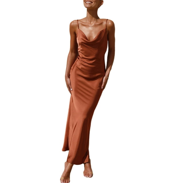 Faithtur Robe Longue Moulante pour Femmes Couleur Unie Bretelles Spaghetti Col Bénitier Robe Sans Manches Été Dos Nu Cami Robe