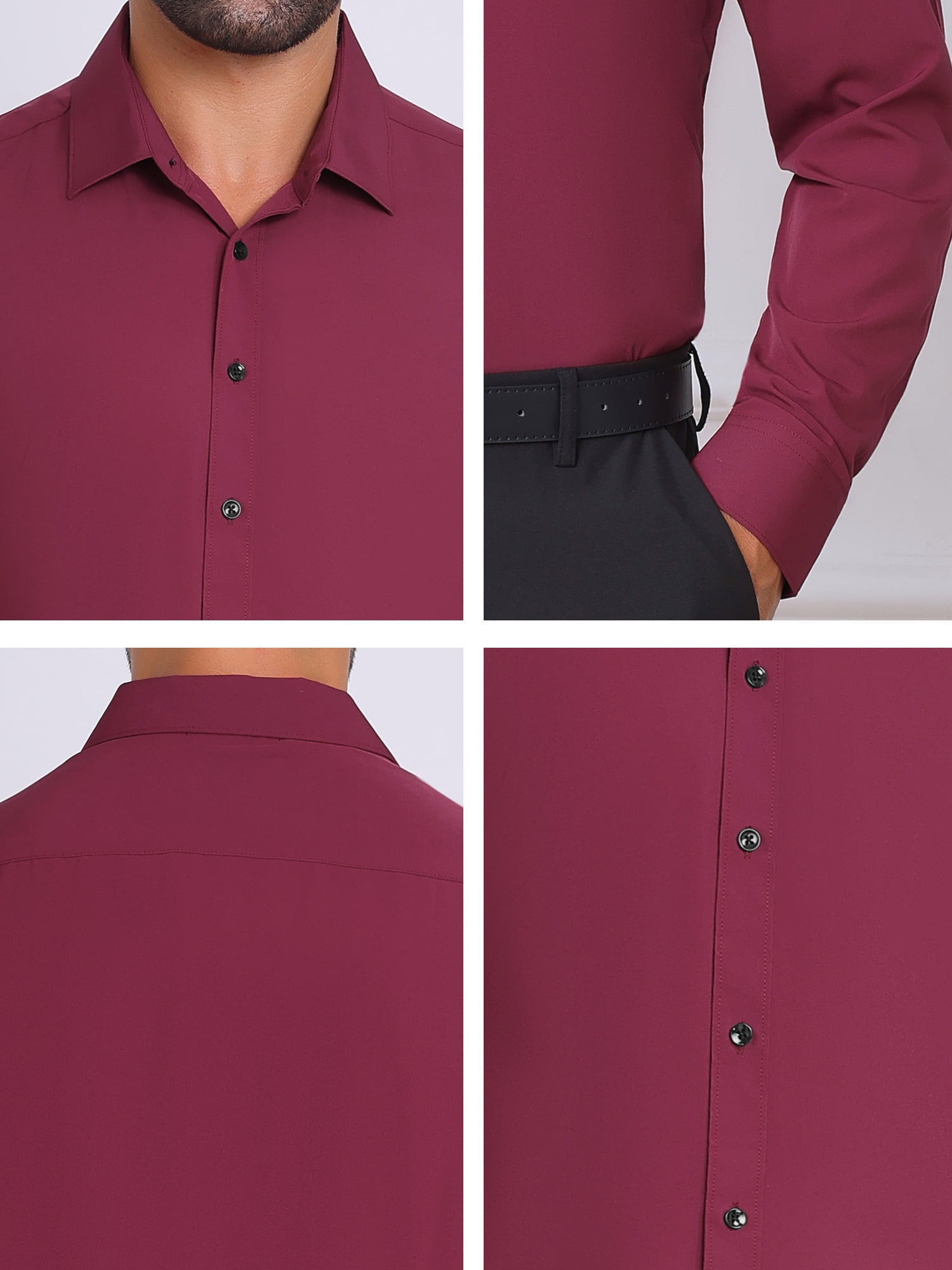 DARING DIVA Men's Solid Color Button Down Long Sleeves Stretch Shirts L Burgundy