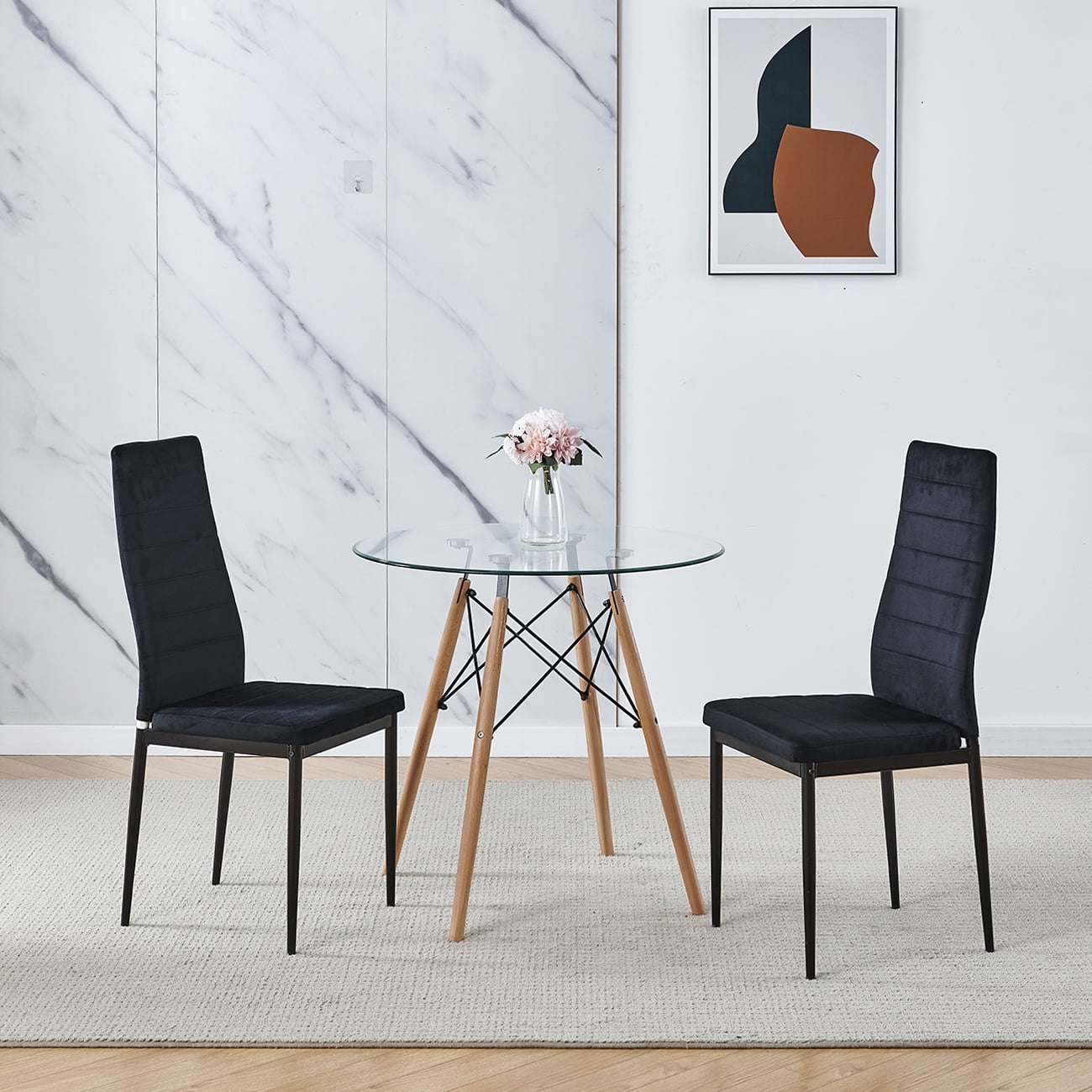 Set of 3 Dining Table Chair Set Round Glass Dining Table Small Kitchen