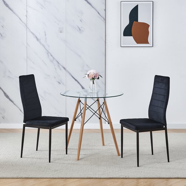 Set of 3 Dining Table Chair Set Round Glass Dining Table Small Kitchen Table Modern Circle