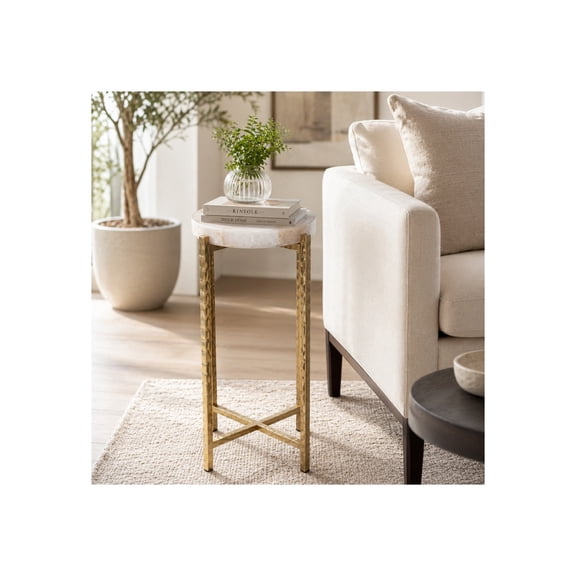 Elegant Round Agate Stone TopEnd Side Table for Home Decor - Hammered Metal Legs Drink Table for Small Spaces and Living Room Styling - Night Stand Accent for Bedroom or Bedside - 22", White & Gold