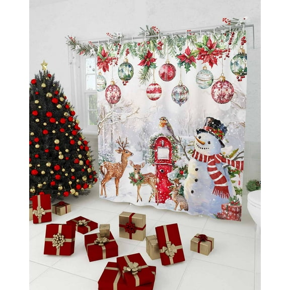 Christmas Shower Curtain, Snowman Elk Snowflake Xmas Balls Waterproof Washable Boho Funny Cute Shower Curtains Set for Bathroom Farmhouse Bathtubs Decor with Hook, 36"Wx72"L