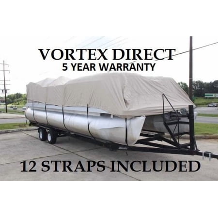 NEW BEIGE 22 FT VORTEX ULTRA 5 YEAR CANVAS PONTOON/DECK BOAT COVER, ELASTIC, STRAP SYSTEM, FITS 20'1" FT TO 22' LONG DECK AREA, UP TO 102" BEAM (FAST FREE SHIPPING - 1 TO 4 BUSINESS DAY DELIVERY)