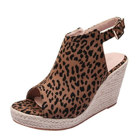 

Cathalem Slip On Leopard Grain Hand Made Women Espadrille Shoes Womens Sandals Wedge Shoes Coffee 37