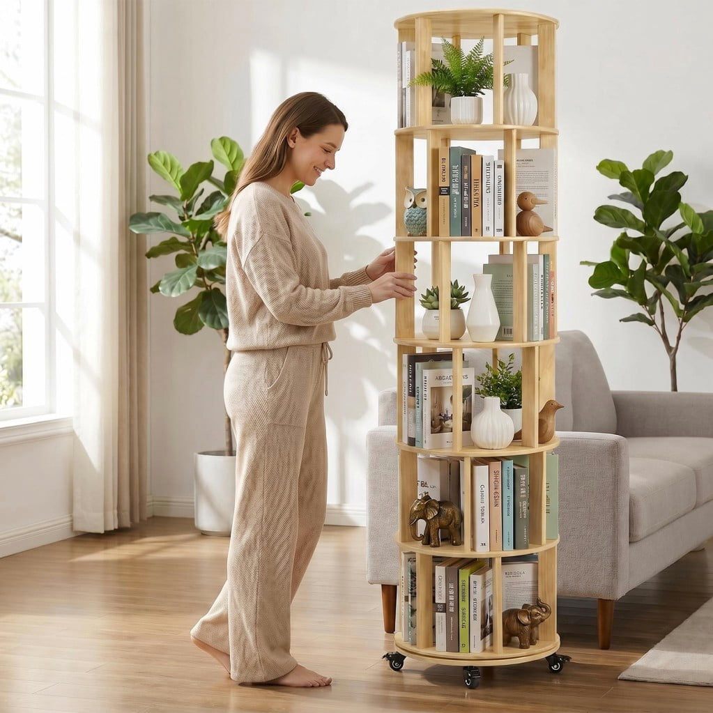 6-Tier Rotating Bookshelf, Solid Wood Spinning Bookcase Tower with Locking Wheels, 360° Display Round Bookshelf for Small Spaces, Natuarl