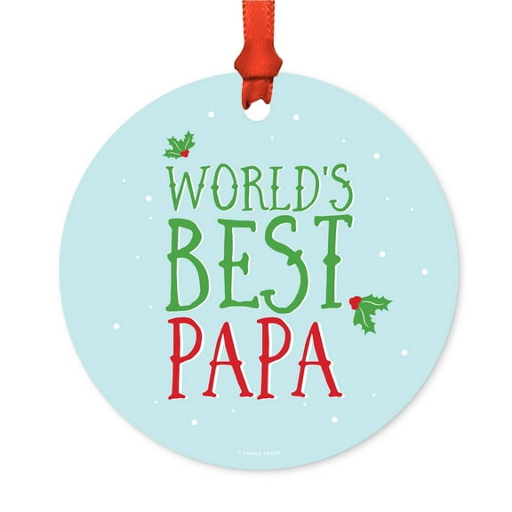Metal Christmas Ornament, World's Best Papa, Holiday Mistletoe, Includes Ribbon and Gift Bag