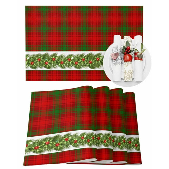 Christmas Placemats Set of 6 Poinsettias Pine Leaf Fruits Winter Green Red Plaid Heat Insulation Washable Place Mats, Rustic Non-Slip Table Mats for Dining Table Party Kitchen Decor,13x19 Inch