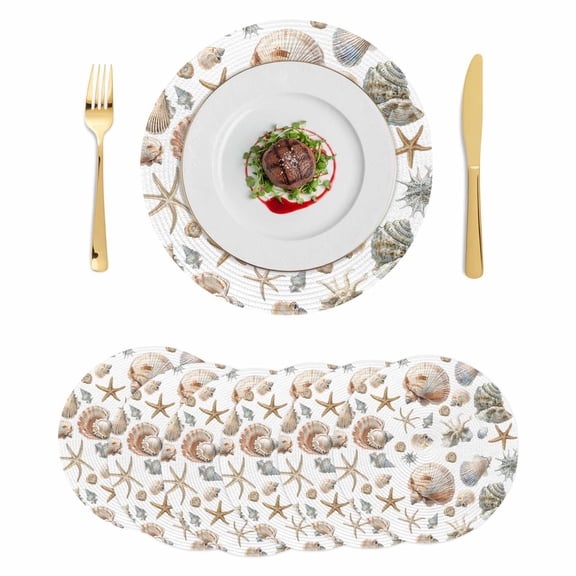 Seashell Coastal Round 15 Inch Placemats Set of 6, Summer Beach Ocean Starfish Watercolor HeatResistant Non Slip Place Mats for Dining Table, Wipeable Braided Kitchen Table Mats for Housewarming