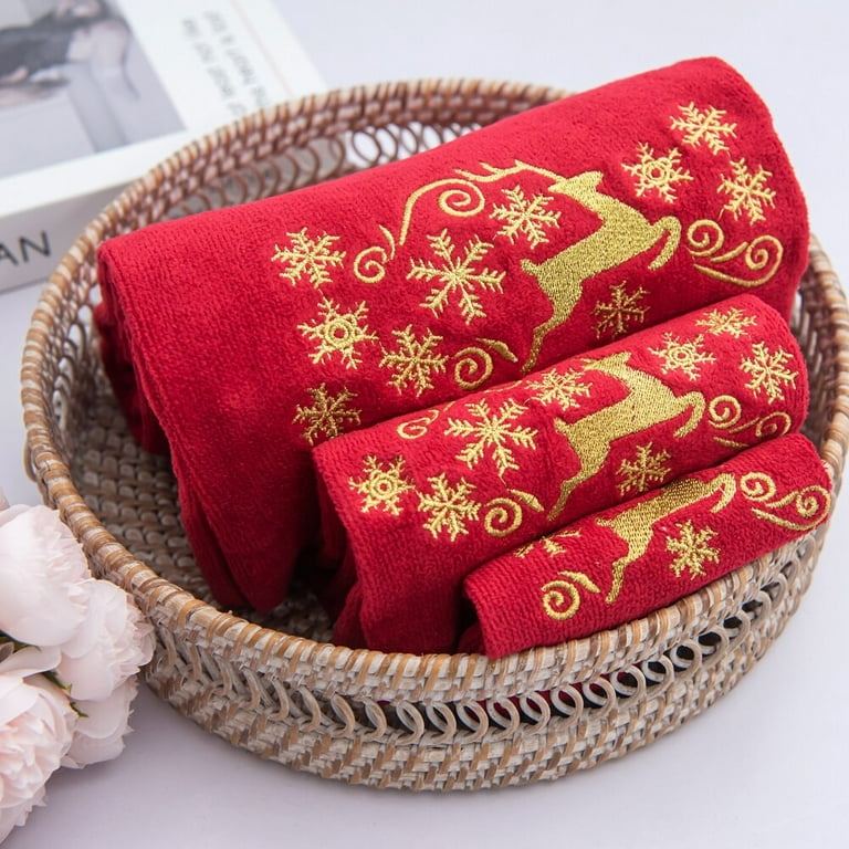 Hong and Arts Inc. Xmas Premium Decor Soft 100 Cotton Embroidered Bathroom Modern 3 Piece Christmas Towel Set Gold Deer Snowflake with Red Base Walmart