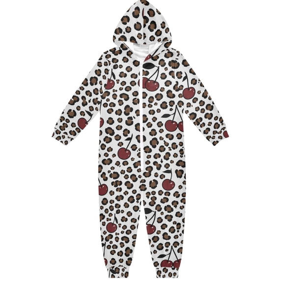 Cherry Leopard Print Boys & Girls Hooded One-Piece Pajamas Warm Crystal velvet Hooded Long Sleeve Loungewear Jumpsuit Unisex