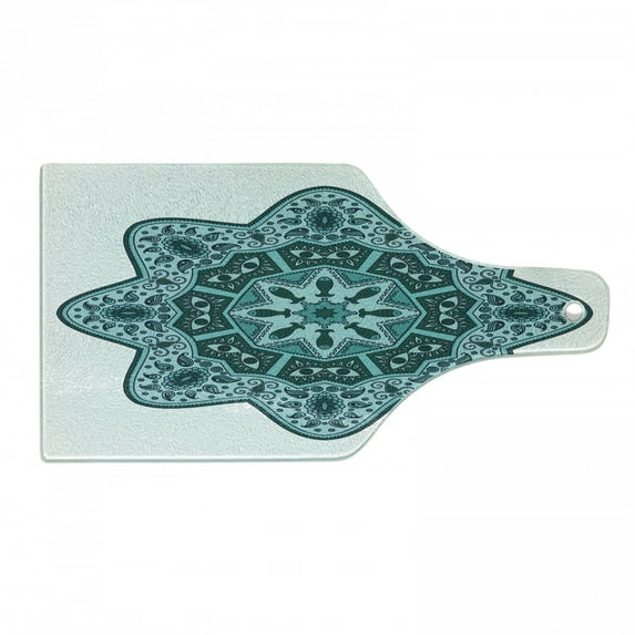Mandala Cutting Board, Eastern Chinese Design Lace Like Mandala with Inner Eye Fish and Paisley Art, Decorative Tempered Glass Cutting and Serving Board, Wine Bottle Shape, Teal, by Ambesonne