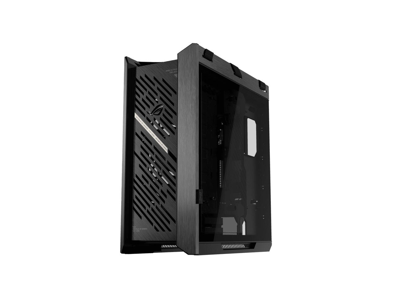 The ASUS ROG Strix Helios II is an EATX mid-tower gaming PC case featuring dual tempered glass panels and an aluminum diamond-grille design, four pre-installed fans for advanced cooling, and support