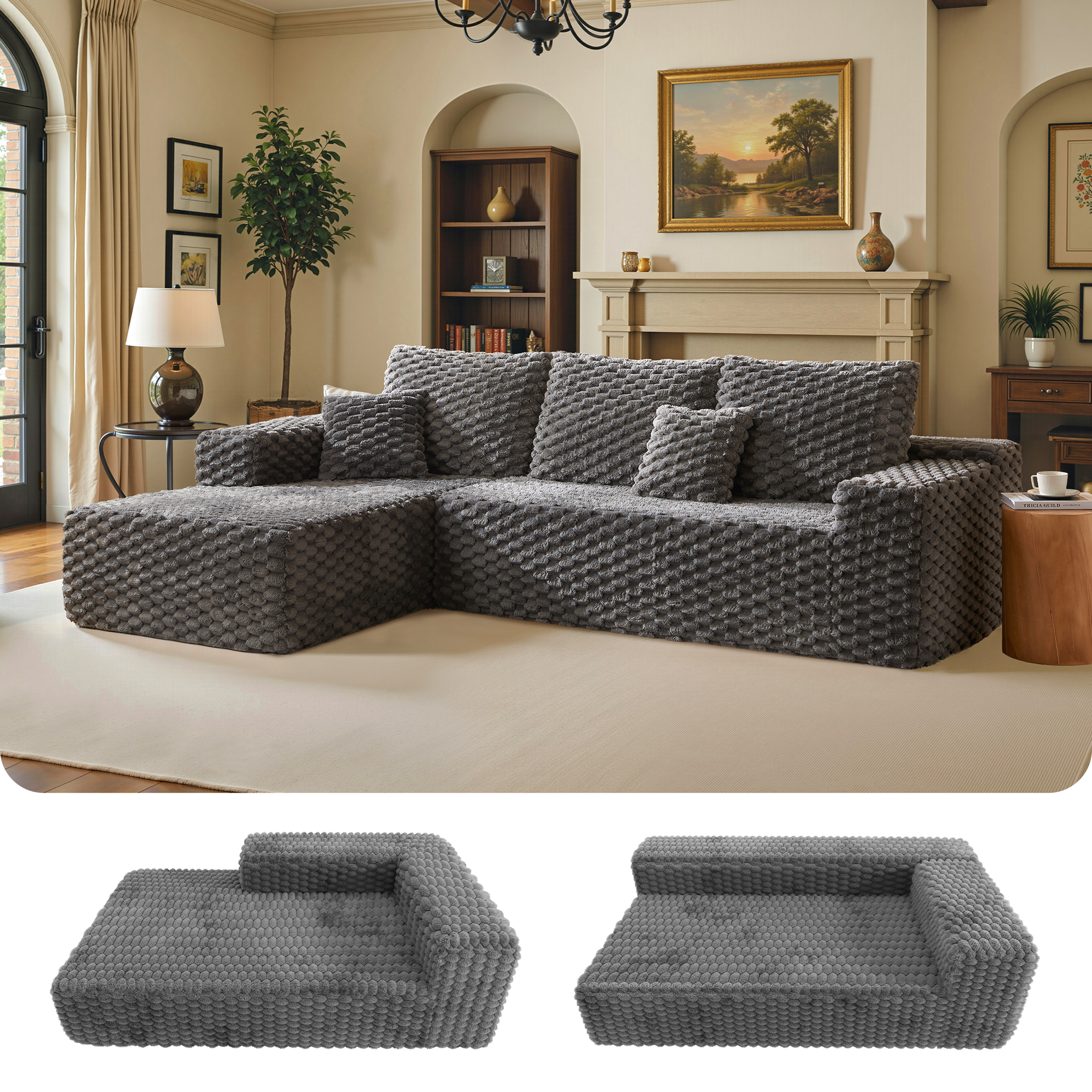 VANACC 106" Sectional Sofa, Morden Deep Seat Oversized Couch with Plush Pillows, Pet-Friendly Upholstery, No Assembly Required, Grey