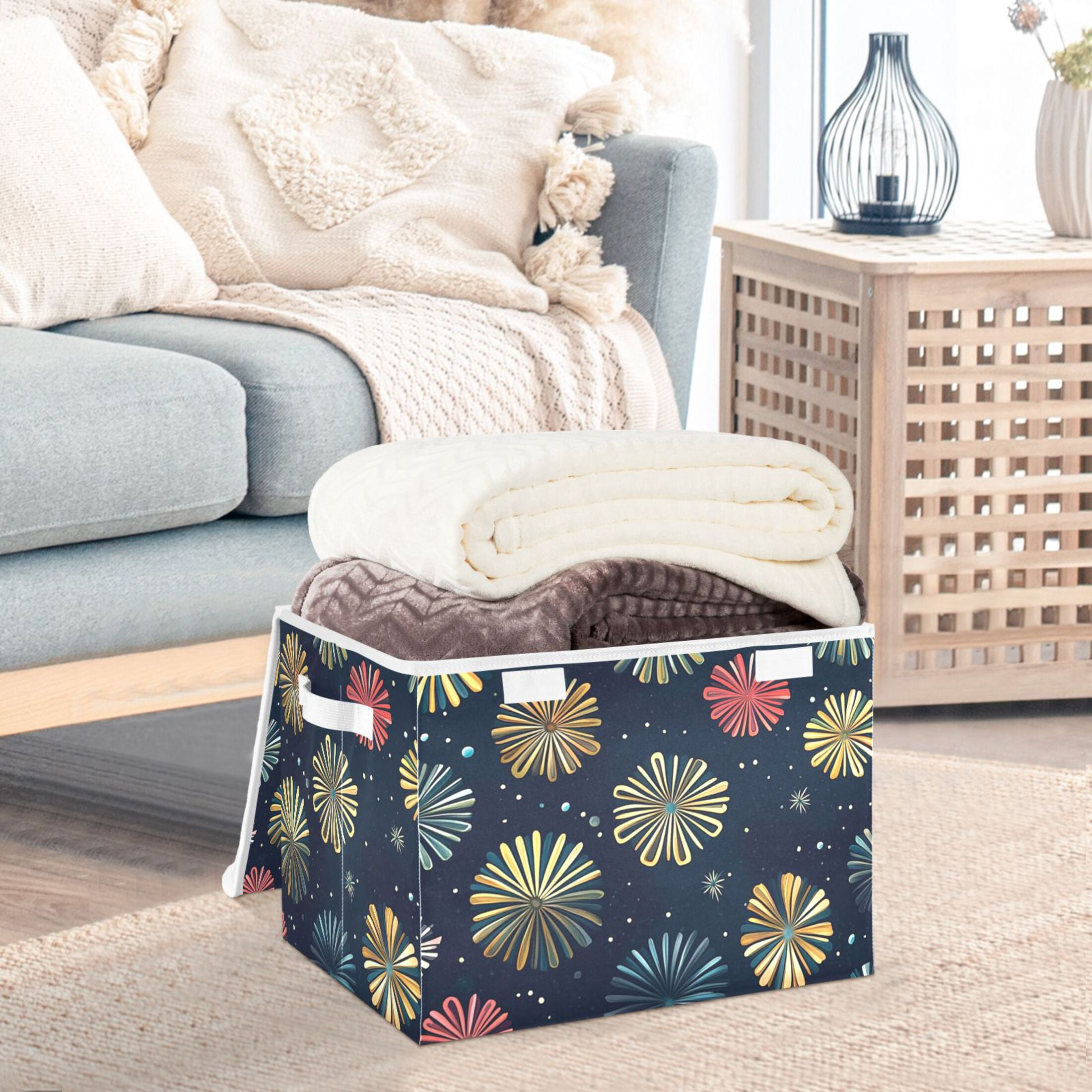 Simple Fireworks Picture Large Storage Bins with Linen Collapsible Lid Storage Box 16.7 x 12.6 x 11.8in