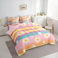 thumbnail image 2 of Manfei Cute Daisy Flower 7 Pieces Bedding Comforter Set,Colorful Geometric Striped Full Bedding Set,White Orange Pink Fitted Sheet Flat Sheet For Girls,Microfiber Bedroom Decor Reversible, 2 of 7