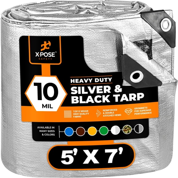 Lona de polietileno resistente - 5' X 7' -10 Mil de espesor impermeable cubierta protectora con bloqueo UV - Reversible plateado y negro - Revestimiento laminado - Ojales - por Xpose Safety
