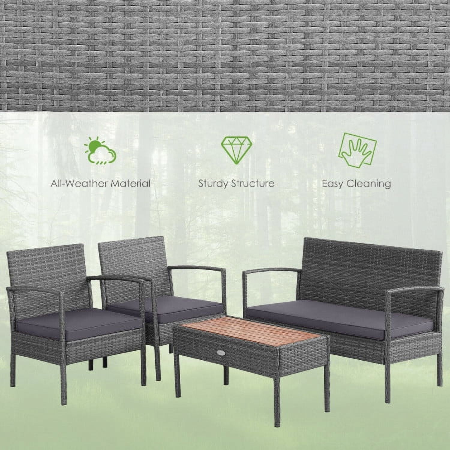 Aimee Lii Rattaner Outdoor Patio Furniture, 4 Pieces Patio Rattan Wicker Conversation Set Sofa Cushioned Wooden Tabletop, A-Gray Aimee Lii Rattaner Outdoor Patio Furniture, 4 Pieces Patio Rattan Wicker Conversation Set Sofa Cushioned Wooden Tabletop, A-Gray