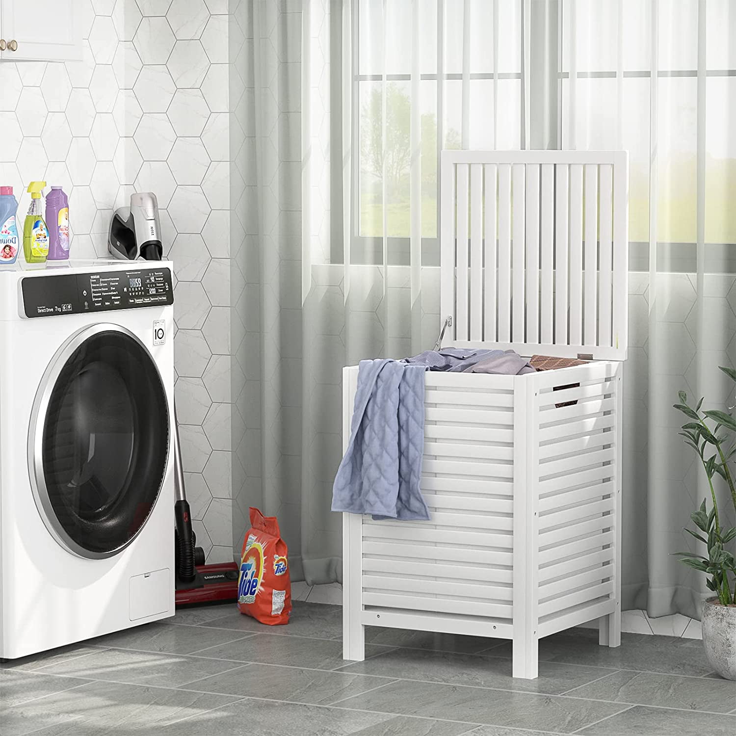 Bamboo Laundry Hamper with Lid, 120L Large Clothes Laundry Sorter with Removable 2-Section Liner Bag, Raised Laundry Basket Organizer for Clothing, Bathroom, Bedroom, Laundry Room, White