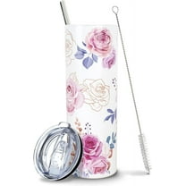 Flower Cup, Pink Rose Floral Water Bottle Travel Mug Tumbler for Women, Unique Birthday Gifts for Women, Friends Female, Teenage Girls, Girlfriend - 20 Oz Floral Tumbler with Straw and Lid