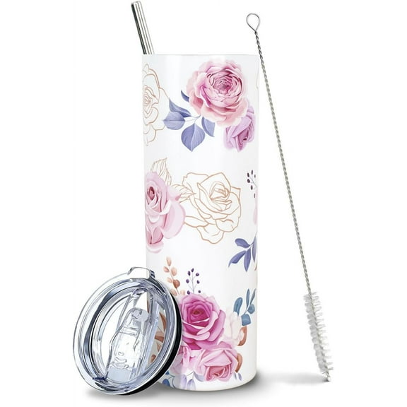 Flower Cup, Pink Rose Floral Water Bottle Travel Mug Tumbler for Women, Unique Birthday Gifts for Women, Friends Female, Teenage Girls, Girlfriend - 20 Oz Floral Tumbler with Straw and Lid