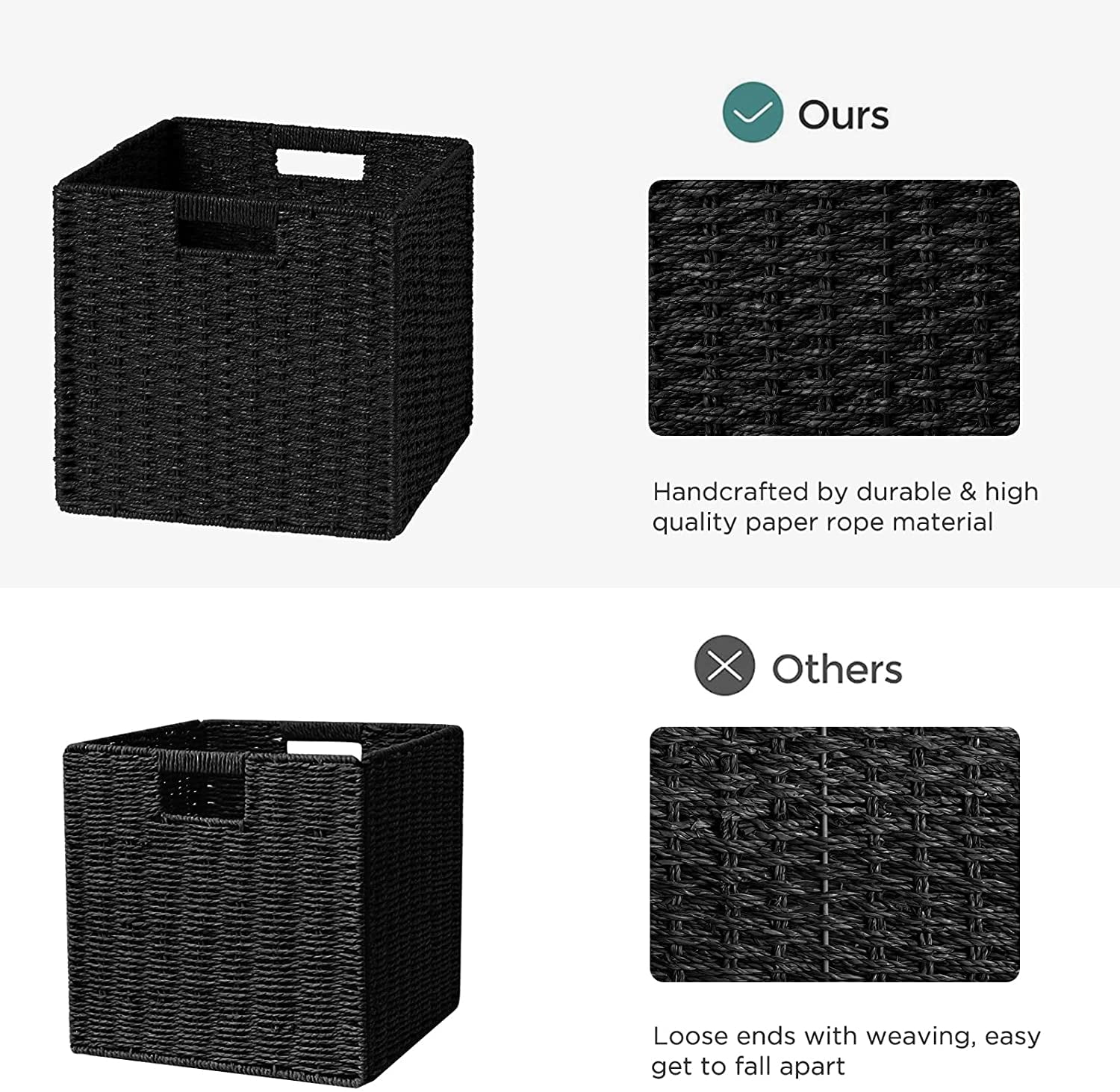 HBlife Wicker Baskets, Set of 3 Hand-Woven Paper Rope Storage Baskets, Foldable Cubby Storage Bins, Large Wicker Storage Basket for Shelves Pantry Organizing & Decor, Black