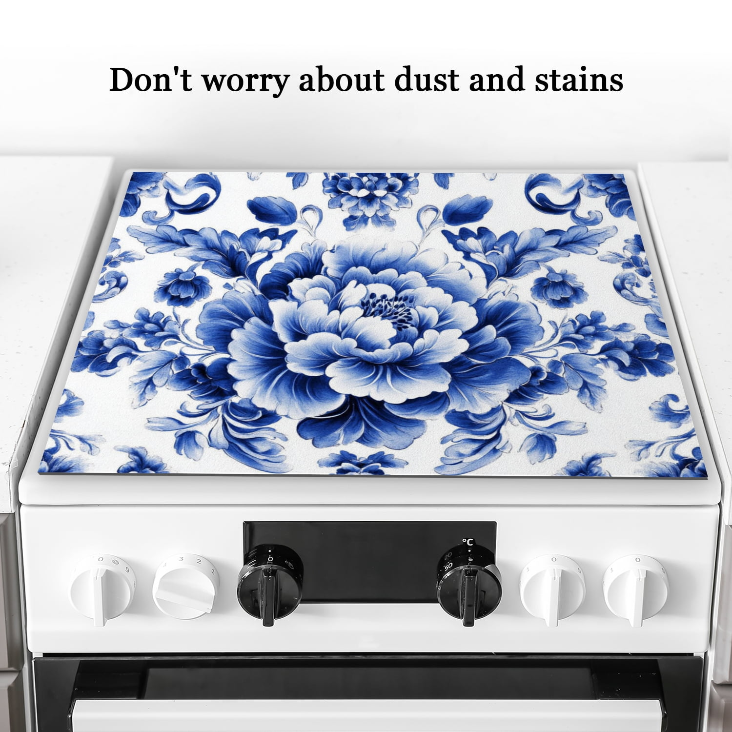 Stove Top Cover, Blue And White Porcelain Pattern Symmetrical Composition Diatomite Kitchen Counter Protector, Square Washable Foldable Mat for Kitchen RV (28×20 Inch)