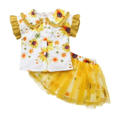 

Mikrdoo Clothes For Baby Girls Sunflower Doll Collar Shirts Summer Gauze Skirts 2Pcs Outfits Yellow 3-4 Years