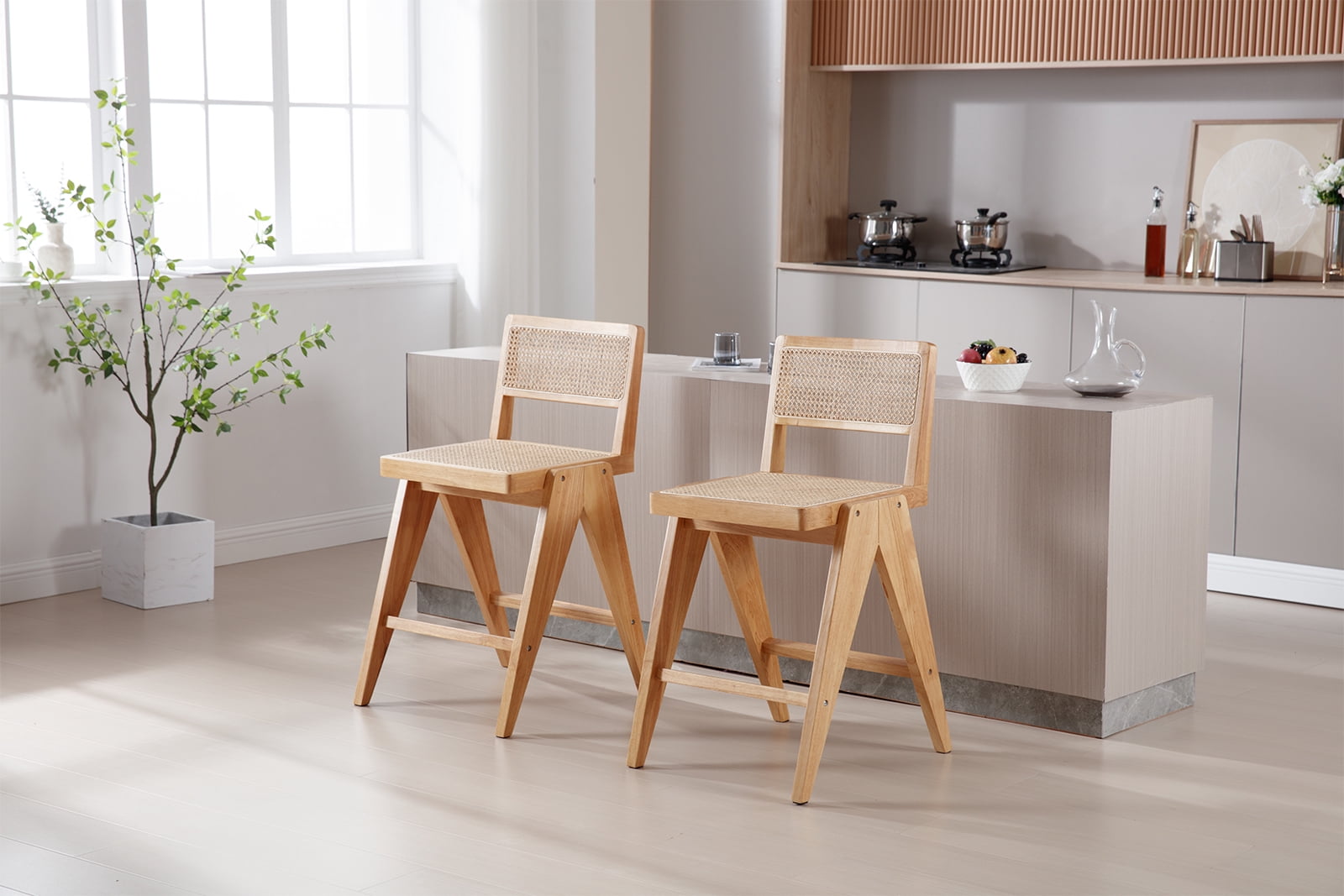 Dayalane 26" Rattan Counter Height Bar Stools Set of 2, French Bar Stools with Cane Back, Wooden Farmhouse Kitchen Chairs Counter Stools with Footrest for Kitchen Island Bistro Bar, Natural