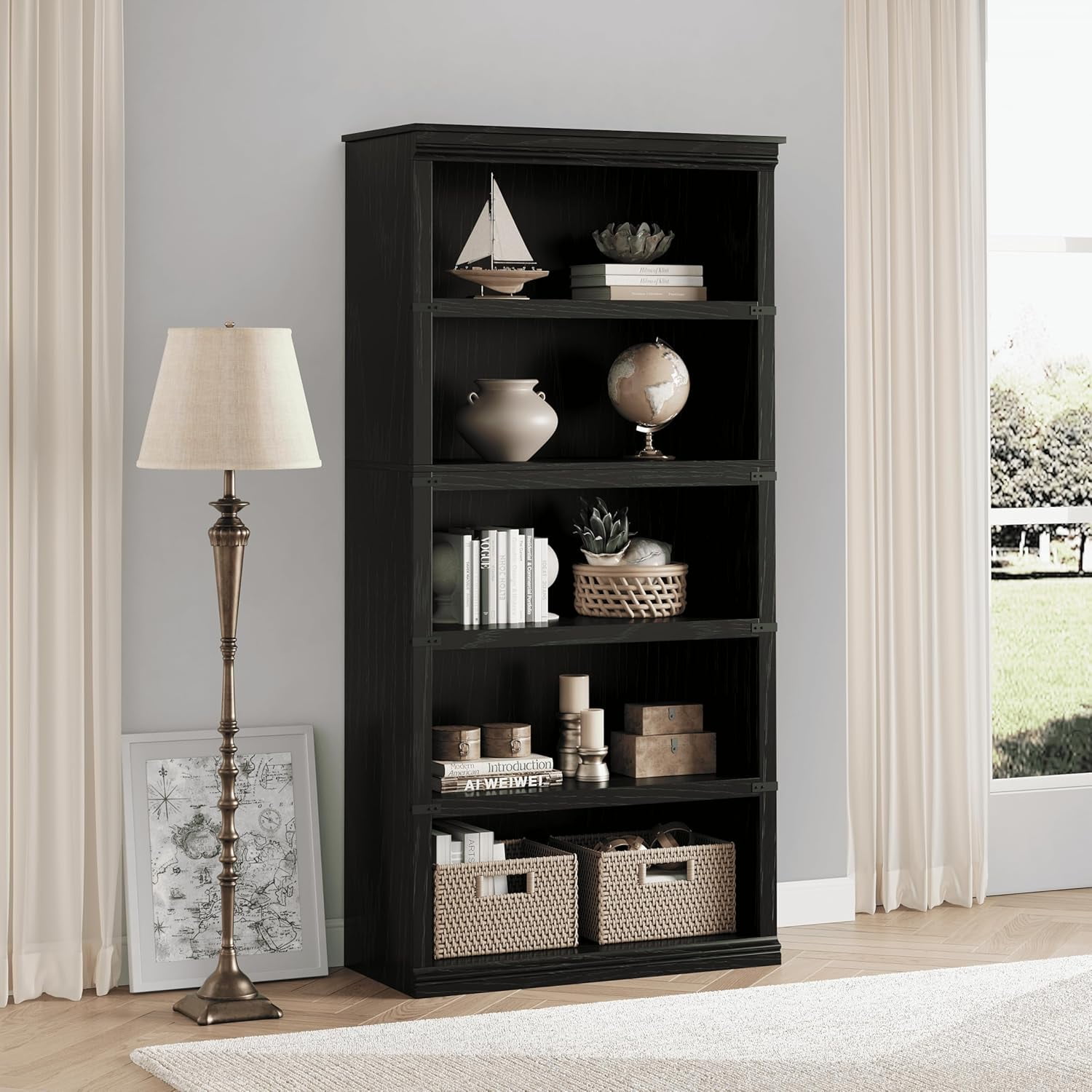 5 Tier Farmhouse Bookcase, 67.4" Tall Book Shelf with Storage, Wooden Bookshelves 5 Shelf Display Shelves for Home Office(67.4" H x 31.5" W x 12.8" D) (Black, 67.4" H x 31.5" W x 12.8" D)