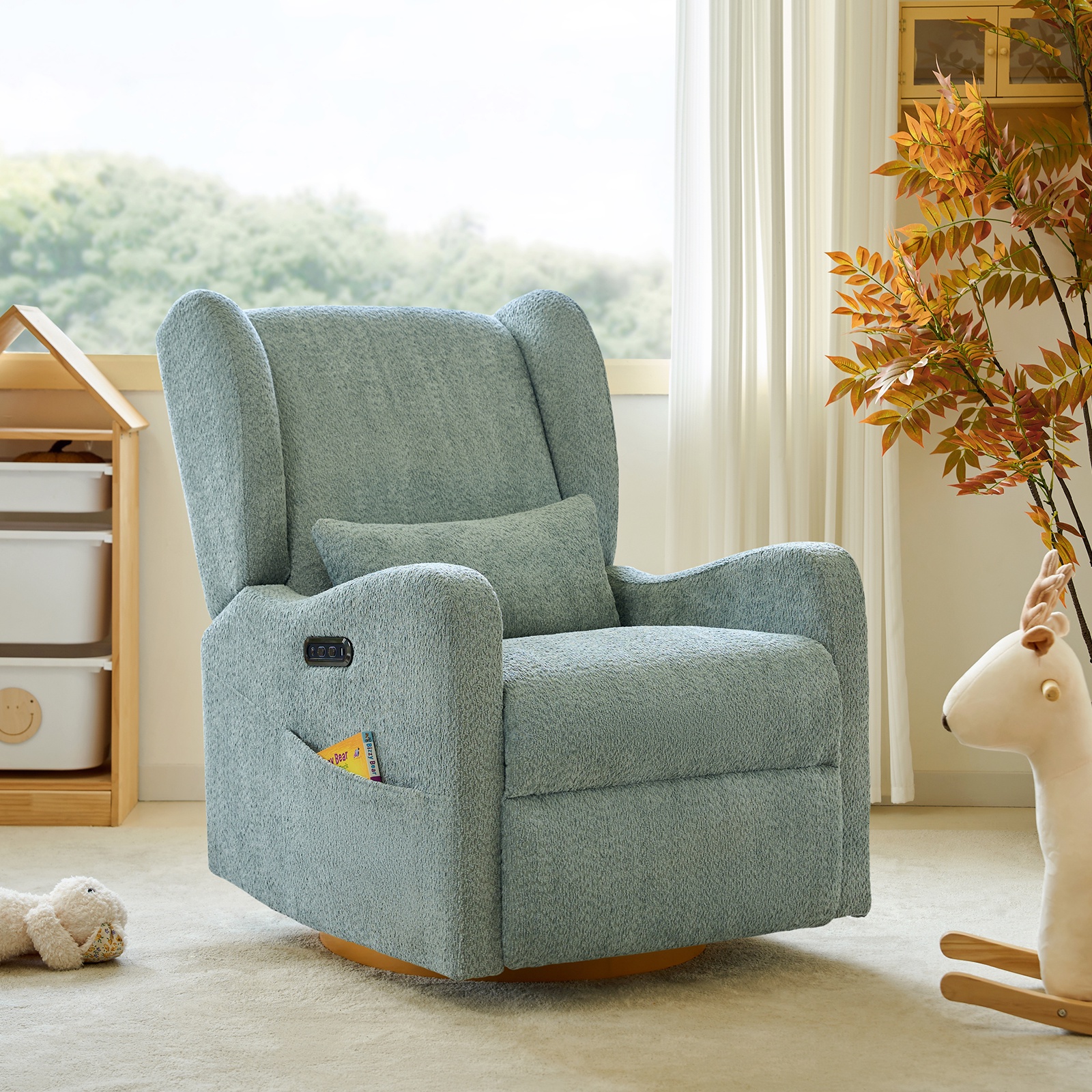 Tina's Home Electric Power Glider Swivel Nursery Recliner Chair Wingback with USB, Waterproof Stain-resistant for Baby Feeding & Living Room Sage