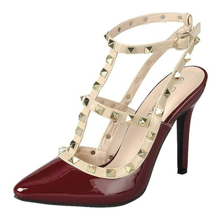 Forever Shoes Women Stiletto High Heels Pointy Toe Studded Pumps Ankle Strap Two Tone Biege Gold Accent STUDS-03 Red Burgundy 9