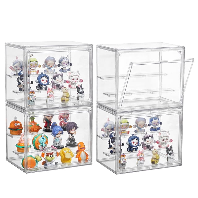 Clear Acrylic Display Case,4 Pack 3 Tier Adjustable Display Box Stand with 2 Movable Plates, Small Showcase Magnetic Door for Mini Action Figures Col