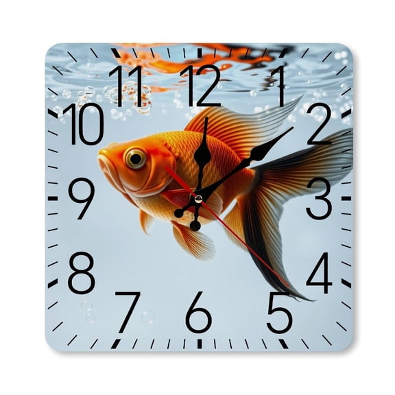 RKSupls 10×10inch Square Silent Wall Clock Wooden Frame, Goldfish Water Scale Decorative Clock for Home Bedroom Living Room Office