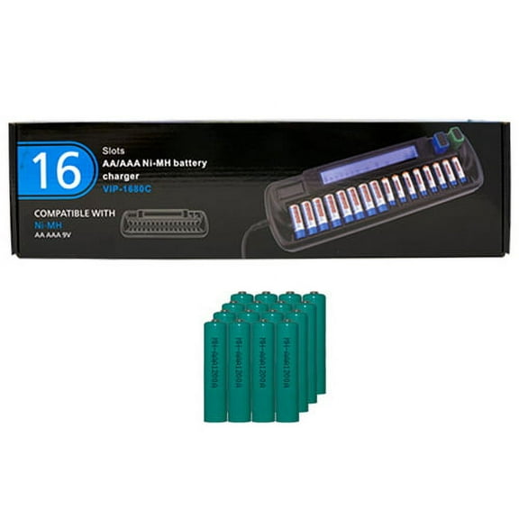 16 Bay AA / AAA LCD Battery Charger   16 AAA 1200 mAh NiMH Batteries